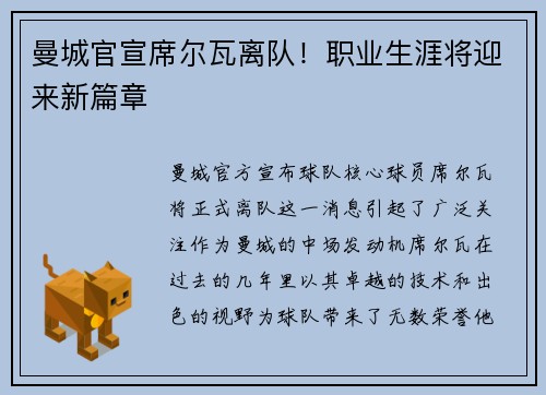 曼城官宣席尔瓦离队！职业生涯将迎来新篇章