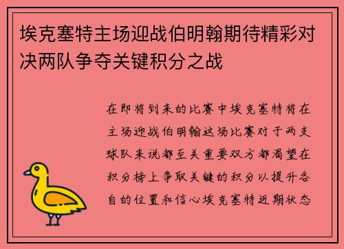 埃克塞特主场迎战伯明翰期待精彩对决两队争夺关键积分之战