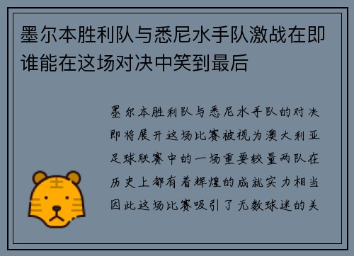 墨尔本胜利队与悉尼水手队激战在即谁能在这场对决中笑到最后