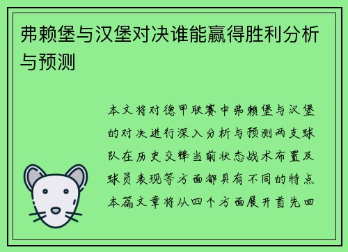 弗赖堡与汉堡对决谁能赢得胜利分析与预测